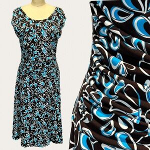 ocean abstract floral scoop neck dress midi stretchy‎ short sleeve fit flare